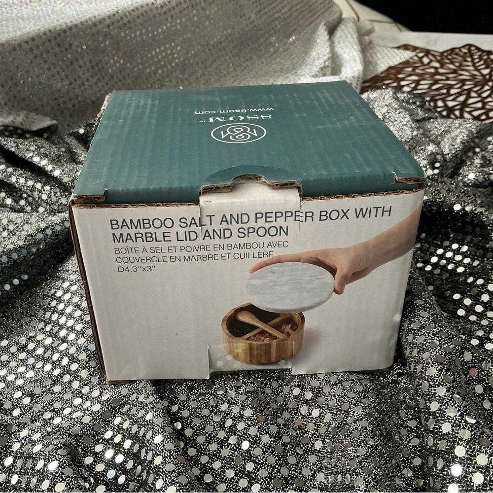 NWT Bamboo Salt & Pepper Round Box with Marble Lid and Embedded Spoon